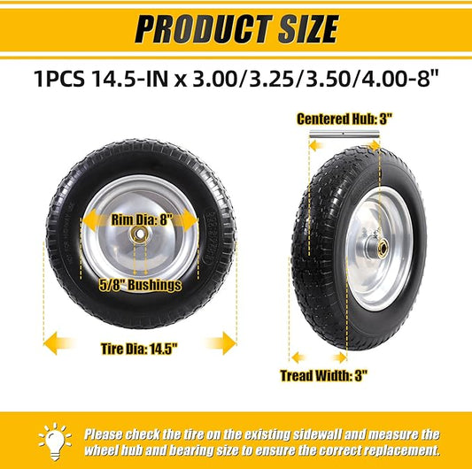 MZREXN 14.5" Wheelbarrow Tire Flat-Free 3.00/3.25/3.50/4.00-8" Solid Tire and Wheel with 3"-7" Centered Hub, 3/4" & 5/8" Bearings Replacement for Hand Truck/Dolly/Utility Cart/Garden Cart 1PCS Silver