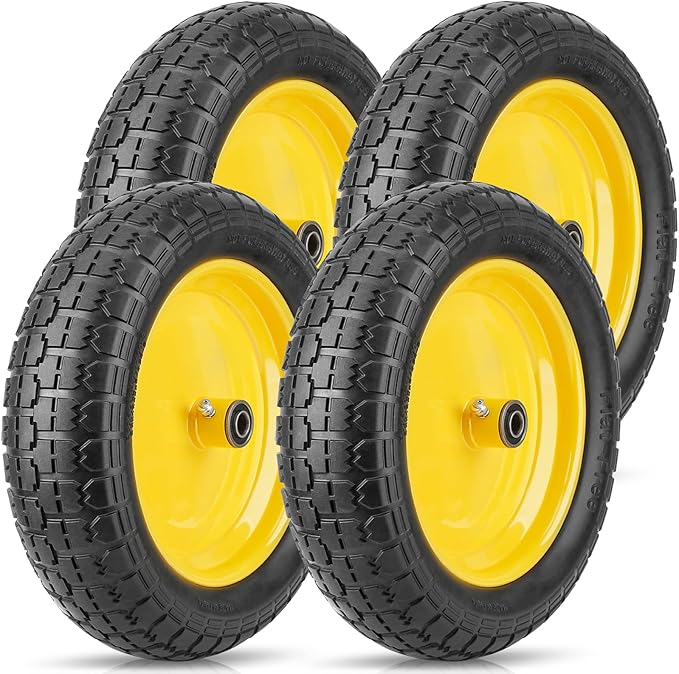 TICONN 4.80/4.00-8 Tire, 16" Flat Free Wheelbarrow Tire and Wheel, Solid Replacement Tires, 5/8" 3/4" Bearings, Universal Fit 4.80/4.00-8, 3.50/3.00-8, 4.00-6 (16" Yellow, 4PK)