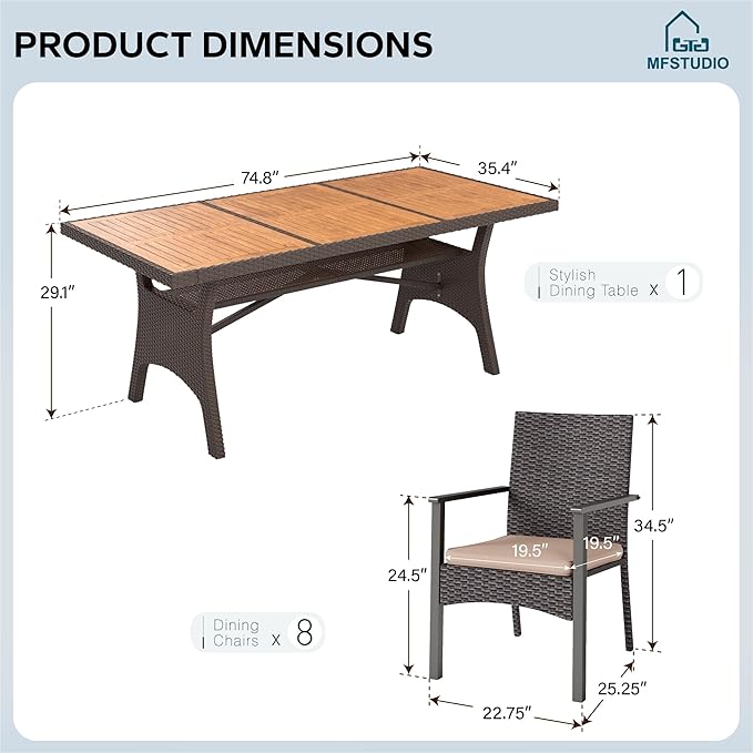 MFSTUDIO Outdoor Dining Sets for 8, 9 Pieces Patio Dining Furniture, 74’’ Rectangular Outdoor Table and Chairs, Acacia Wood Top & Rattan and Metal Frame, Modern Patio Furniture