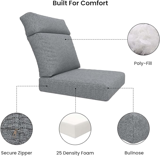 Covers & All Olefin Rectangle High Back Chair Cushion, 420 Denier Supportive Foam Seat and Poly Fill Back Outdoor High Back Chair Cushion, Water and Mold Resistant for Patio High Back Chair Cushions