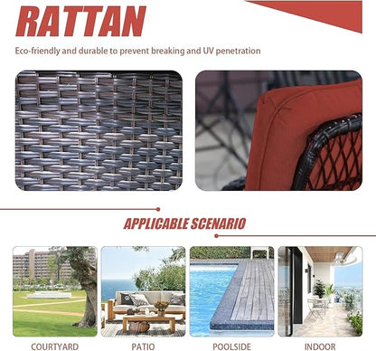 Patio Furniture Set Swivel Rocker, Outdoor Patio Chairs, 3 Piece Suit Porch Furniture Rocking Set, Backyard Rocker Rattan Chair, with Thickened Cushions and Glass Coffee Table(Wine Red)