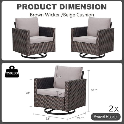 Luxury Outdoor Swivel Rocker Patio Chairs Set of 2, Swivel Patio Chairs for Porch, Yard, Deck, Poolside, Brown/Beige