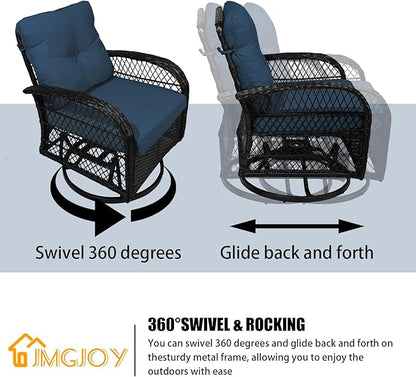 Patio Furniture Set Swivel Rocker, Outdoor Patio Chairs, 3 Piece Suit Porch Furniture Rocking Set, Backyard and Garden Rocker Rattan Chair, with Thickened Cushions and Glass Coffee Table(Navy)