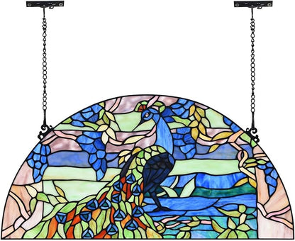Bieye W10093 Peacock in Garden Tiffany Style Stained Glass Window Panel for Home Decor (Blue, 24Wx12H Half-Round)
