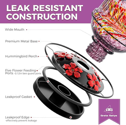 Hand Blown Glass Hummingbird Feeders for Outdoors, 25 Ounces Wild Bird Nectar Feeder with Perch & 5 Flower Feeding Ports Leak Proof Hanging for Garden Backyard Decor, Gifts for Women Mom, Purple