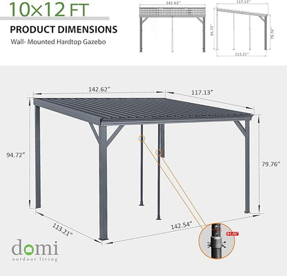 Domi 10'x12' Wall Mounted Hardtop Gazebo, Connectable Lean to Pergola with Gutters & Galvanized Steel Roof, 60MPH Wind Resistance, Outdoor Heavy Duty Metal Awning for Patio, Deck, Backyard - Grey