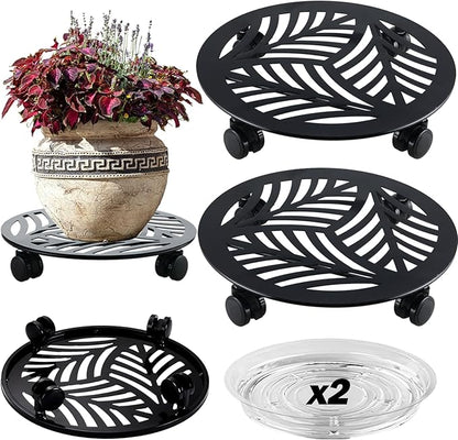 2 Packs Large Metal Plant Caddy with PU Wheels 13" Heavy-Duty Wrought Iron Rolling Plant Stands Indoor Outdoor Wheeled Plant Dolly Planter Mover Rollers Plant, Leaf Style