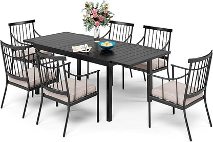 Sophia & William 7 Pieces Patio Dining Set with 6 Metal Chairs and Expandable Rectangular Dining Table for 6-8 People, Outdoor Conversation Furniture Set with Seat Cushions for Porch Yard Deck