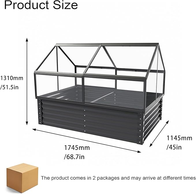 68.7" Raised Garden Bed with Greenhouse Cover, Galvanized Steel Planter Box with Open Bottom Drainage, Dual Use Outdoor Metal Planter for Vegetables Flowers and Herbs