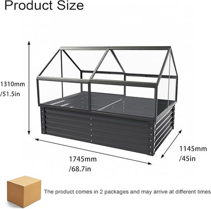 68.7" Raised Garden Bed with Greenhouse Cover, Galvanized Steel Planter Box with Open Bottom Drainage, Dual Use Outdoor Metal Planter for Vegetables Flowers and Herbs