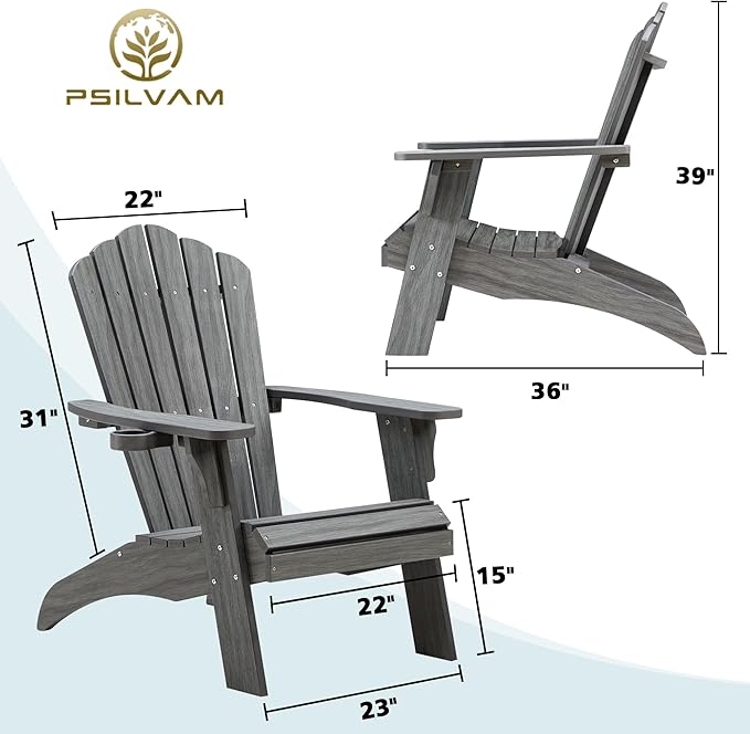 Psilvam Oversized Adirondack Chair, Fade-Resistant & Odor-Free Poly Lumber Fire Pit Chairs with Cup Holder, Weatherproof Outdoor Chair, Easy 15 Min Install Patio Chair, 350 Lbs Support (1, Gray)