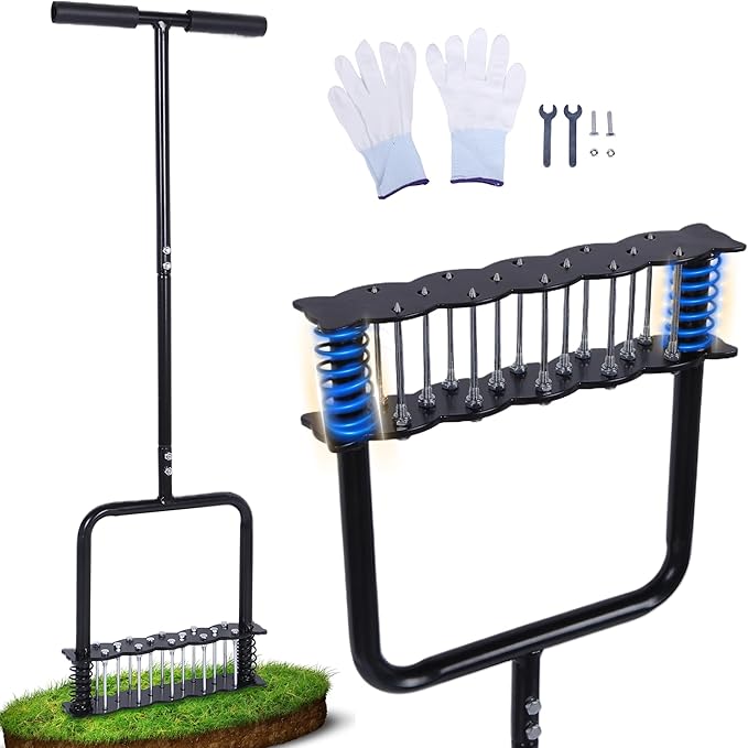 Lawn Aerator Tool, Manual Lawn Aerators with 14 Iron Spikes, Spring-Loaded Design Lawn Air Aerator Tool, Metal Manual Push Aerator, Lawn Tool for Loosening Soil Aerating Patio, Yard