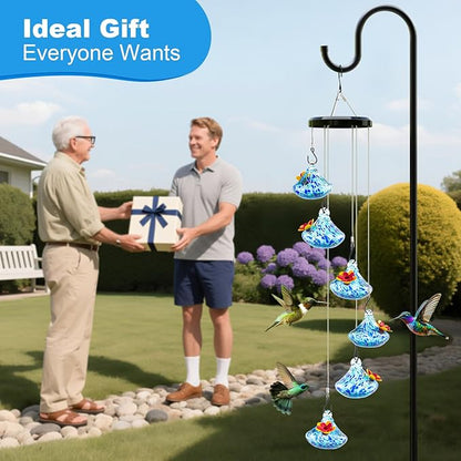 Wind Chime Glass Hummingbird Feeder - 20 Oz Outdoor Hanging Feeder with 6 Ports, Attract More Hummingbirds, Leak-Proof Design, Unique Garden Backyard Decor & Ideal Gift (Blue)