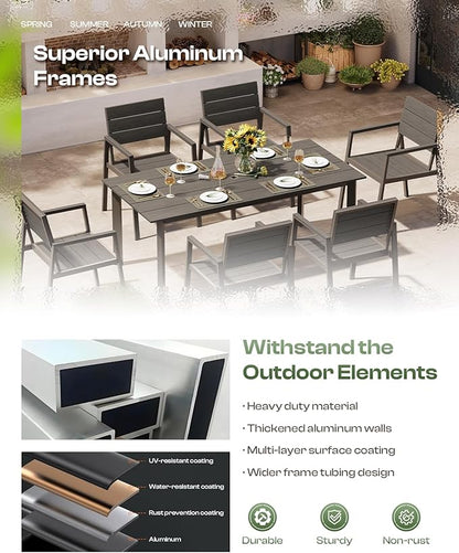 Outdoor Patio Dining Table Sets 7-Piece Aluminum and HDPS All-Weather Table and Chairs with Umbrella Hole, Patio Modern Furniture Sets for Garden, Backyard (Charcoal)