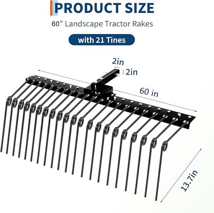 Tow Behind Landscape Rake, 60" Tow Dethatcher with 21 Steel Coil Tines, Lawn Dethatcher Rake Attaches to 48" or 60" Toolbars and 3-Point Suspension Systems, for Leaves, Pine Needles, and Grassn, Black