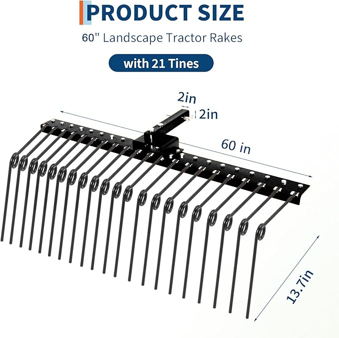60 in Durable Pine Straw Rake, Steel Spring Landscape Rake Fits 2 in Receiver for Lawn Tractors or ATV/UTV, Black