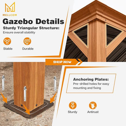 MELLCOM 12'x16' Gazebo, Wood Looking Gazebo with Aluminum Frame and Single Galvanized Steel Roof, Outdoor Permanent Metal Pavilion with Curtains and Nettings for Deck, Backyard and Patio