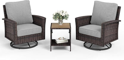 Patio Wicker Swivel Chairs Set of 2, Outdoor High Back Chairs with 5.5" Waterproof Cushions and Side Table, Outdoor Furniture Set for Deck Porch and Yard, Peacock Blue