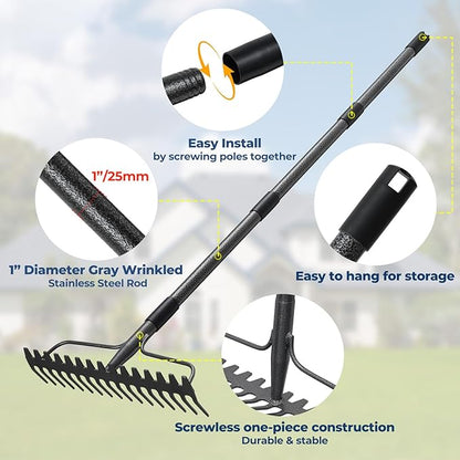 Garden Rake, 17" Extra Wide Double-Sided Head, 63" Heavy Duty Lightweight Stainless Steel Leaf Rake for Leveling Lawn, Loosening Soil, Leaf Cleanup, Soil Prep, Landscaping, Spread Mulch Fast