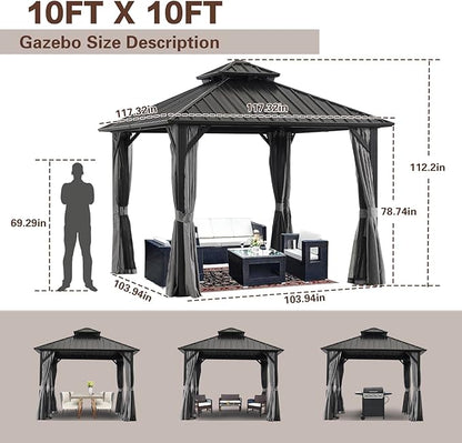 Endark 10x10FT Hardtop Gazebo with Double Roof, Aluminum Frame Outdoor Pavilion with Netting and Curtains for Patio, Backyard, Lawn
