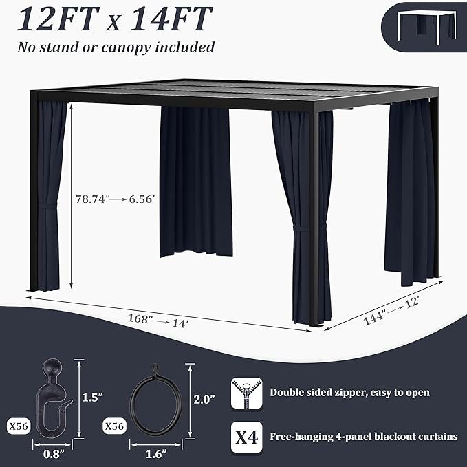 Gazebo Universal Replacement Privacy Curtain,12'×14' Gazebo Outdoor Waterproof Curtains, 4-Panels Sidewall Curtains with Double Zipper for Patio Canopy, Garden and Backyard (Curtain Only)