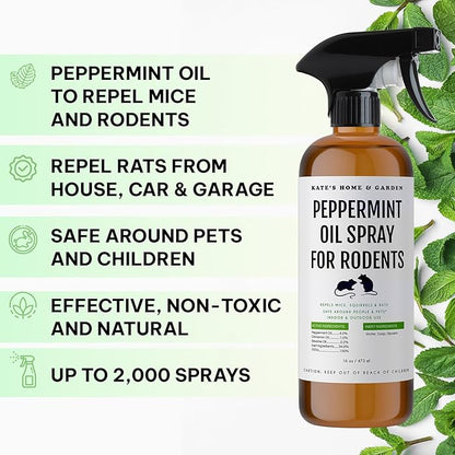 Kate Naturals Peppermint Oil Spray for Rodents, Squirrels, Mouse, Bat, Rat, Car Engines (16oz, Non-Toxic Rodent Repellent, Pet Safe)