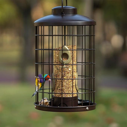 Caged Bird Feeders Metal - 3 Lbs - Squirrel-Proof Wild Bird Feeders, Clear Tube Feeders Hanging Outside Starling Proof, Detachable Cleaning, 4 Feed Ports(Copper)
