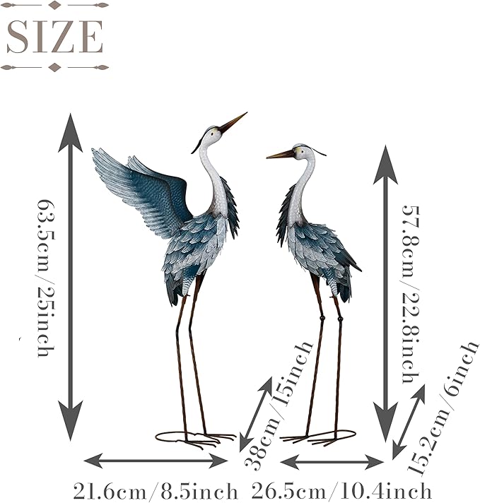 TERESA'S COLLECTIONS Garden Decor, Set of 2 Herons Garden Decor, 23-25", Elegant Herons with Blue Painting, Waterproof Metal Garden Statue, Herons Gifts Birthday Gifts for Women Mom