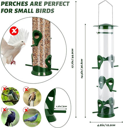 2 Packs Green Bird Feeder Tube Hanging Feeders, 6 Port Wild Bird Feeders Premium Hard Plastic with Steel Hanger Weatherproof and Water Resistant Great for Attracting Birds 18.2 Inches Large
