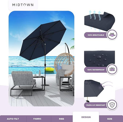 Midtown Umbrellas Sunbrella Umbrella 10 Feet Large Outdoor Umbrella With Sunbrella Canvas Navy Fabric - Auto-Tilt Aluminum Frame Large Patio Umbrella For Backyard, Deck, Garden, Pool - Black Pole