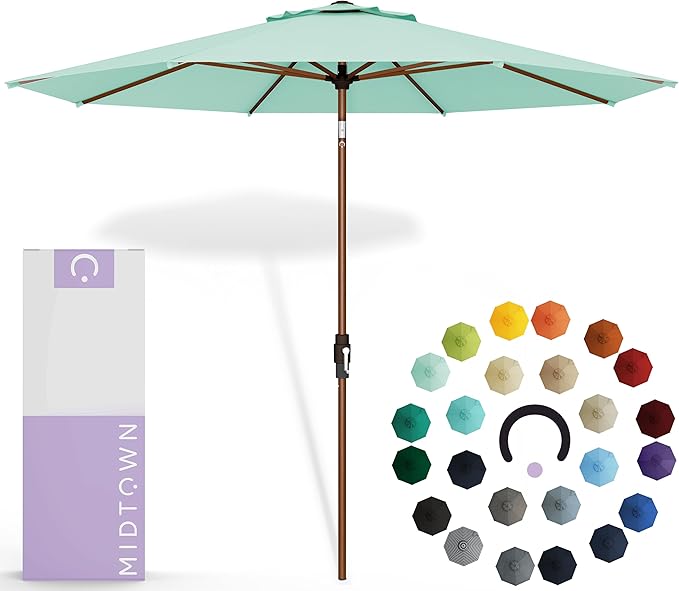 Midtown Umbrellas Sunbrella Umbrella Large Patio Umbrella 2-10 Feet in Canvas Glacier Fabric Auto-Tilt Aluminum Frame Backyard Umbrella, Deck Umbrella, Garden Umbrella & Porch Umbrella - Wooden Pole