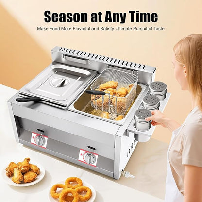 Stainless Steel Low Pressure Gas Deep Fryer with Frying Baskets and Lid, 12.7QT/12L Capacity Countertop Deep Fryer Oil Frying Pot Kitchen Frying Machine Table Snack Fryer Double Cylinder Gas Fryer