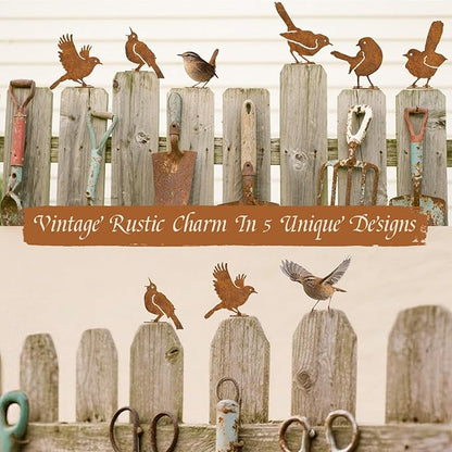 Rusty Bird Decor, Metal Yard Art, Yard Decorations Outdoor, Metal Bird Wall Art, Fence Decorations Outdoor, Rustic Garden Decor, Garden Sculptures Statues, Bird Lover Gifts (Pack of 5)