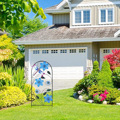 Garden Decor for Outside, YEAHOME 34 Inch Decorative Garden Stakes with Flowers Dragonflies, Metal Spring Yard Decorations for Outdoor Patio Lawn Backyard Blue