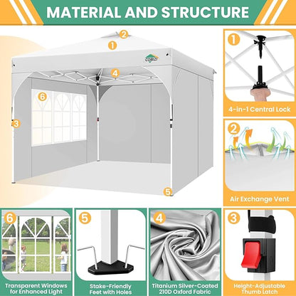 COBIZI 10x10 Pop up Canopy, Canopy Tent 10x10 with 3 Sidewalls, 1 Person Easy Set up, Tents for Parties, Outdoor Tent with Fluorescent Strip & 4 Sandbags, Waterproof, 3 Adjustable Height (White)