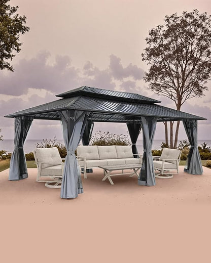 12' x 20' Hardtop Gazebo, Outdoor Patio Gazebo, Aluminum Frame Patio Hardtop Gazebos with Netting and Curtain, Outdoor Patio Pergola with Double Steel Roofs for Deck, Lawn, Parties, Slate Gray