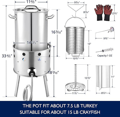 ARC 32QT Stainless Steel Turkey Fryer Kit With Burner, Seafood Boil Pot And Burner With Basket,Crawfish Boil Tamale Steamer Crab Boil Pot With Injector Thermometer, High Temperature Resistant Gloves