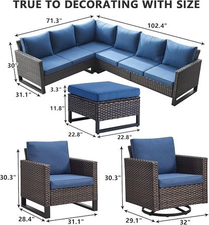 HUMMUH 8 Piece Patio Furniture All Weather 6-Seater Outdoor Sectional Sofa with Patio Swivel Chairs and Outdoor Chairs Ottomans for Porch,Garden,Backyard,Deck(Brown/Blue)