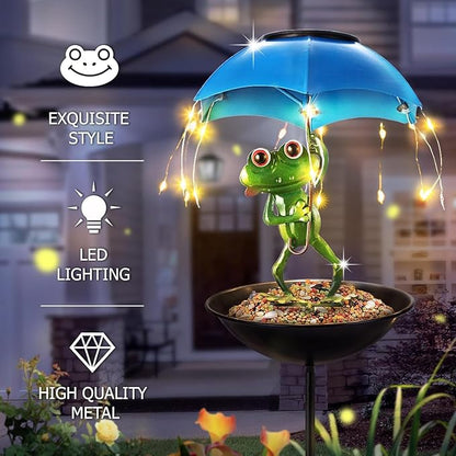 Solar Bird Feeder Frog Garden Decor, Outdoor Solar Lights Frog Figurine Lights with Umbrella, Hummingbird Feeder Decorative Path Lights Yard Art Ornament Bird Feeder (Frog)