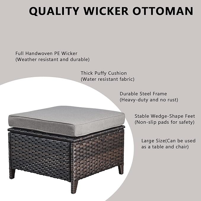 Rilyson Wicker Outdoor Patio Furniture Set - 6 Piece Patio Conversation Sets with Swivel Rocker Chairs, Ottomans, Sofa and Side Table, 6 inch Cushions, Waterproof Wicker, for Porch Deck Brown/Grey