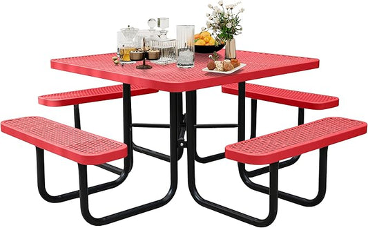 8-Person Picnic Tables for Outdoors, Industrial 46" Expanded Metal Square Picnic Table with 4 Benches & Umbrella Hole, Outside Table and Bench Set for Garden, Backyard, Porch, Patio, Red