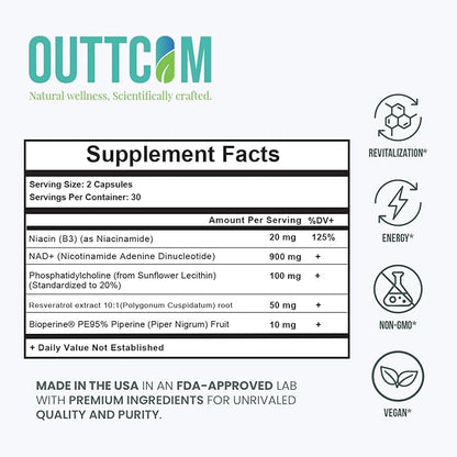 NAD+ Supplement w/ Resveratrol, B12, Phosphatidylcholine & Bioperine – 900mg NAD+ Capsule, 60 Vegan, Non-GMO, Gluten-Free Capsules – Cellular Energy, Bioavailability, Liposomal NAD+ & NMN Alternative
