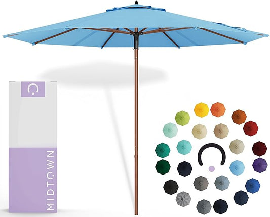 Midtown Umbrellas The Wooden 10 Feet Patio Umbrella With Sunbrella Capri Acrylic Fabric - Aluminum Frame Market Umbrella For Backyard, Deck, Garden, Pool - Wooden Pole