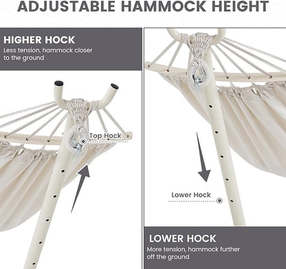 LazyDaze Hammocks Double Hammock with Stand - 2 Person Heavy Duty Outdoor Hammock for Adults, Includes Durable Steel Stand, Portable Carrying Bag and Pillow, Beige