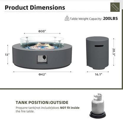 UPHA 42-inch Outdoor Propane Gas Fire Pit Table 50000 BTU Concrete Rectangle FirePit for Outside Patio with Propane Tank Cover, Wind Guad, Blue Glass Rocks, Rain Cover, Grey