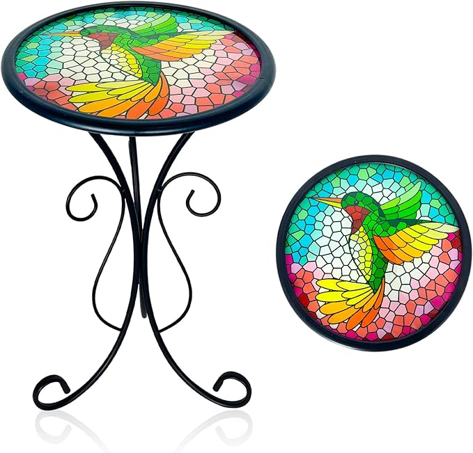 HONGLAND Outdoor Mosaic Side Table, 12" Small Outdoor Table, Round Patio Side Table End Table, Glass Plant Stand, Small Bistro Coffee Table for Garden Patio Porch Living Room （Hummingbird）