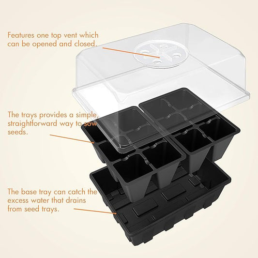 Gardzen 10 Pack Seed Starting Tray, Plant Germination Trays, Seed Starter Kit with Adjustable Humidity Vented Dome, Plant Growing Kit 6.6" x 4.5", Total 120-Cell, Black