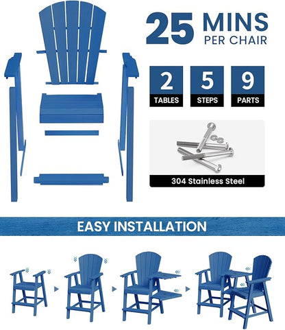 Ciokea Tall Adirondack Chairs Set of 2, HDPE Outdoor High Back Adirondack Chair with Double Connecting Tray, Weather Resistant Balcony Chairs for Deck, Lawn, Pool, Backyard, Navy Blue