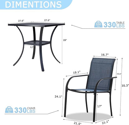 3 Pieces Round Dining Table Set for 2, Patio Dining Set Includes 2 Dark Blue Stackable Patio Chairs and 27.6" Black Metal Square Table, Patio Furniture Sets with Sling Support for Outside, Garden