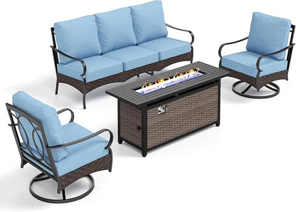 Patio Furniture Set with 56" Fire Pit Table, Premium Outdoor Wicker Metal Frame Furniture with Upgraded Waterproof Thick Cushions for Porch, Poolside, Deck, and Yard （4 Pieces,Blue）